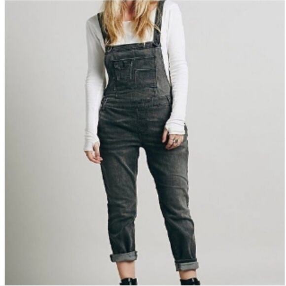 Free People Denim - Free People Distressed Faded Black Slim Leg Overalls 26